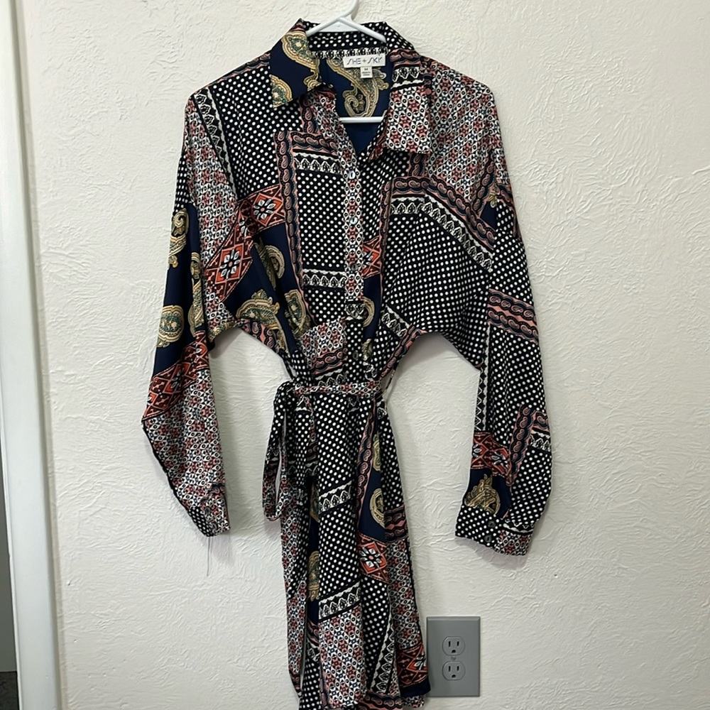 Long-sleeve button-down collared mid-length silky dress with belt by She + Sky.